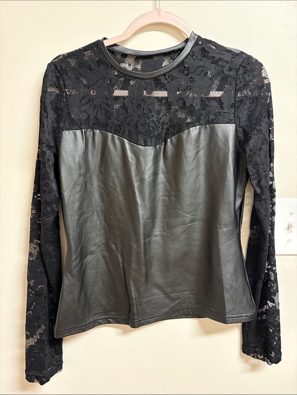 Black Lace & Faux Leather Long Sleeve Top